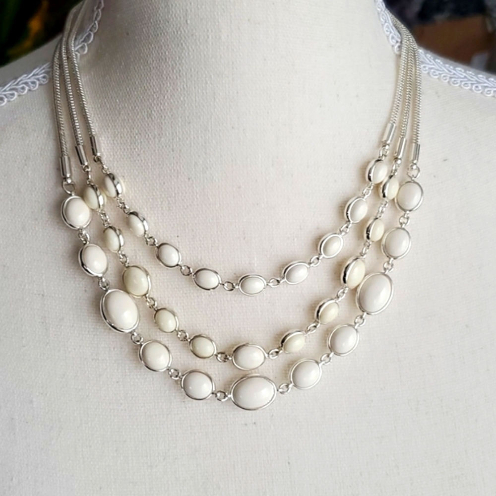 3 Strand Beaded Necklace on Silver Chain